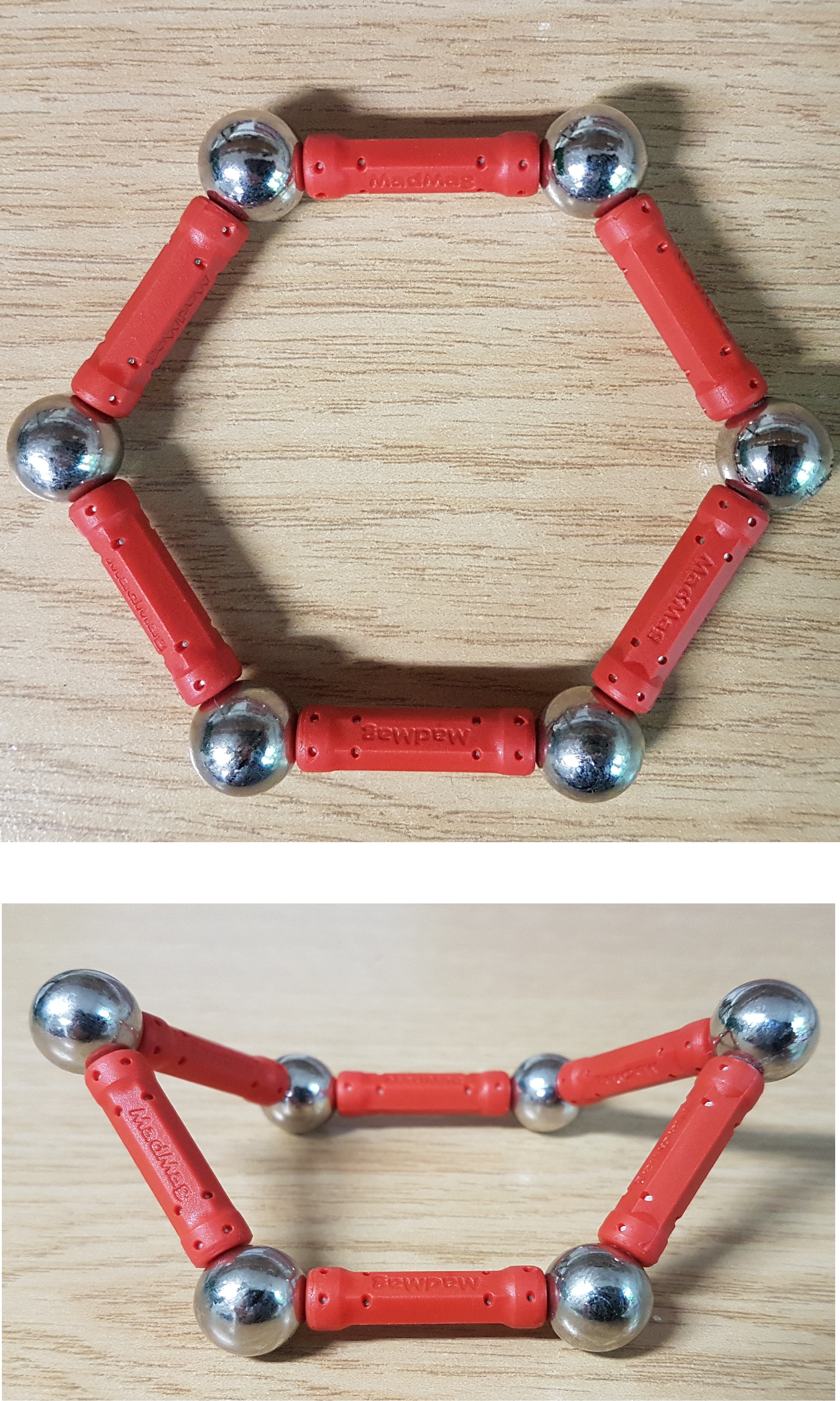 A hexagon made out of a magnetic building tool and then transformed into boat configuration